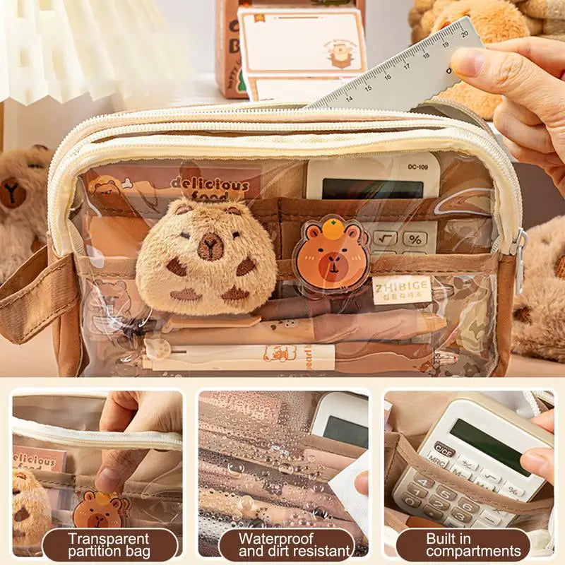 Capybara Cutie Clear Pencil Case – With Pins & Stickers