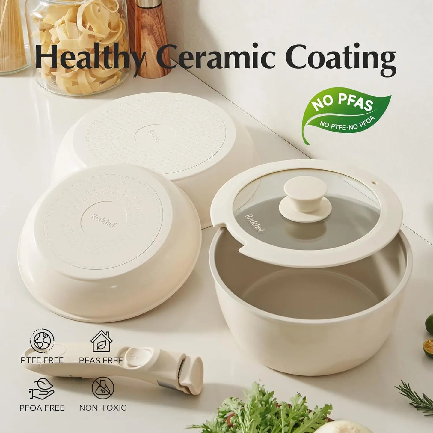 Ceramic Nonstick Pots and Pans Set – 5-Piece RV-Friendly Cookware with Removable Handles