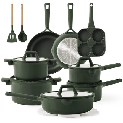 Nonstick Pots and Pans Set – 19-Piece Induction-Compatible Cookware in Dark Green