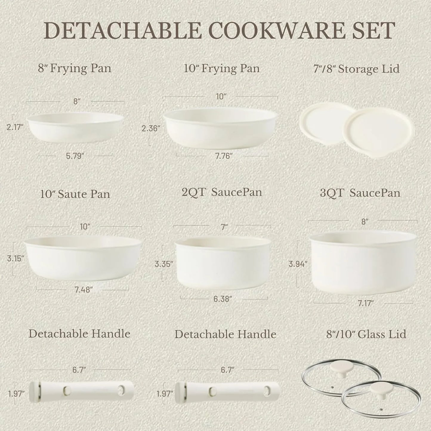 Detachable Handle Nonstick Frying Pan Set – Oven, Refrigerator Safe Cookware in Milky White