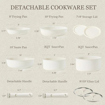 Detachable Handle Nonstick Frying Pan Set – Oven, Refrigerator Safe Cookware in Milky White