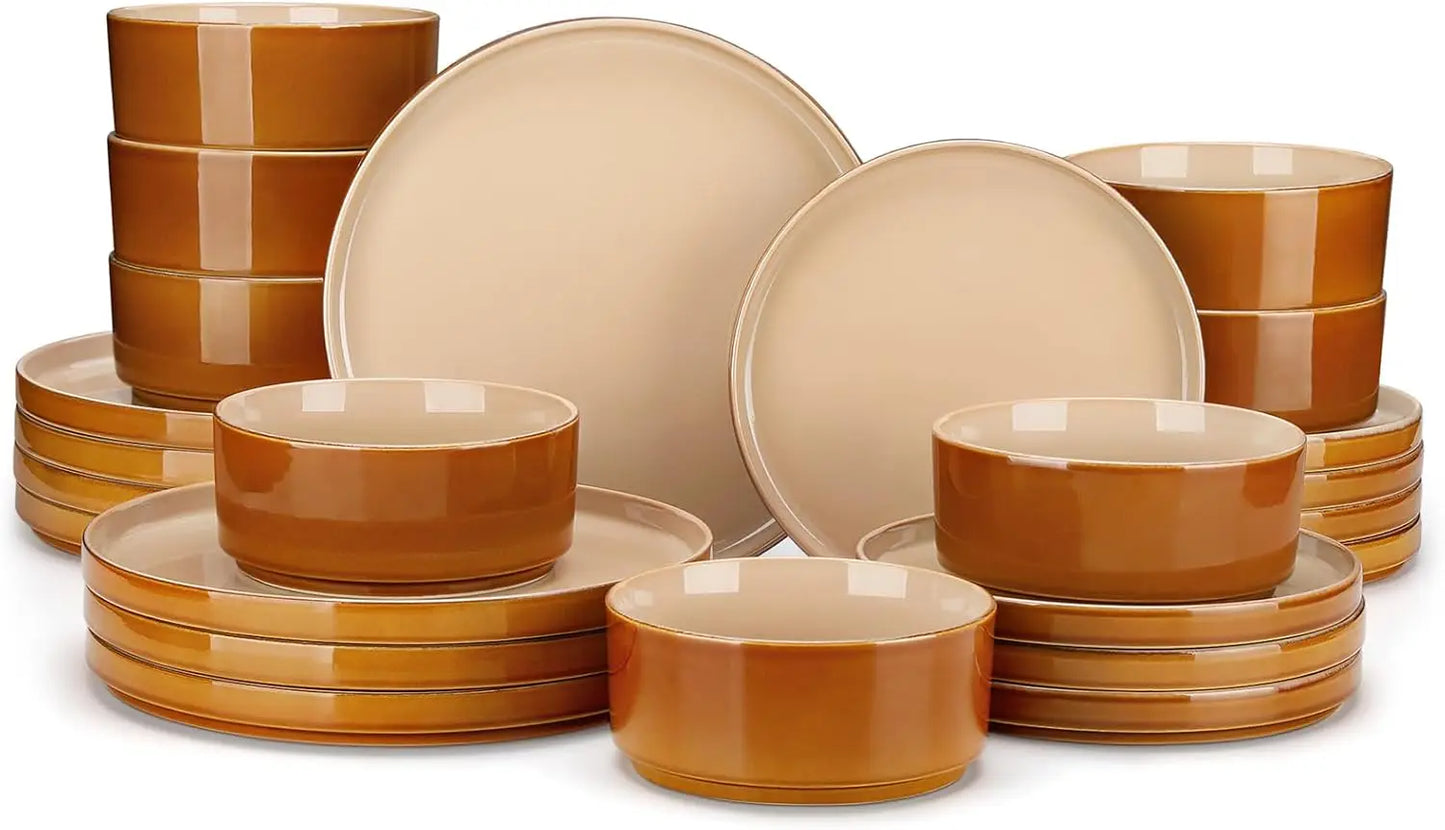 24-Piece Ceramic Dinnerware Set – Service for 8 | Reactive Glaze Plates & Bowls – Brown