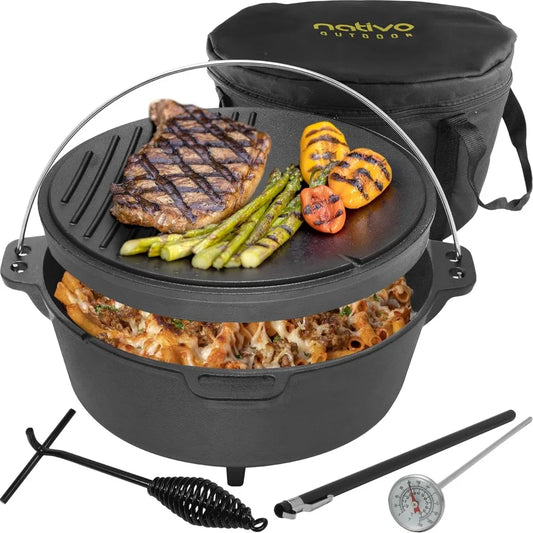 6QT Pre-Seasoned Cast Iron Dutch Oven – Outdoor Cooking Pot with Versatile Lid, Perfect for Camping & Campfire Use