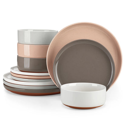 12/24-Piece Stoneware Dinnerware Set – Sesame Glaze Plates with Curved Edges, Includes Dinner Plates, Dessert Plates & Bowls (4 or 6 Settings)