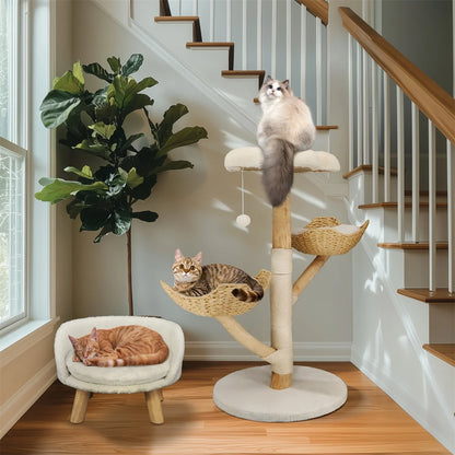 110cm Modern Solid Wood Cat Tree – Climbing Tower & Activity Center with Scratching Post for Kittens and Cats
