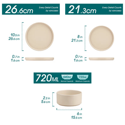 12/24/36-Piece Cream White Stoneware Dinnerware Set – Includes Dinner Plates, Dessert Plates & Bowls for 4/8/12 People