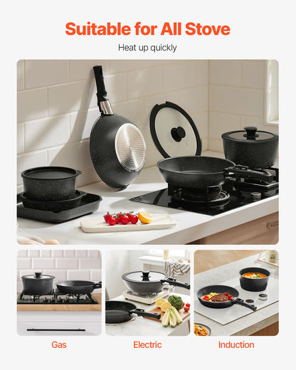 17-Piece Granite Nonstick Cookware Set – Induction-Compatible Pots & Pans with Frying, Sauce & Sauté Pans for Kitchen Cooking