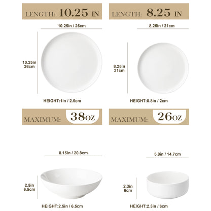 24 Piece Porcelain Dinnerware Set Ivory White Square Dinner Service for 6 Includes Dinner Plates, Soup Plates, Dessert Plates & Bowls FDA Certified, Microwave & Dishwasher Safe