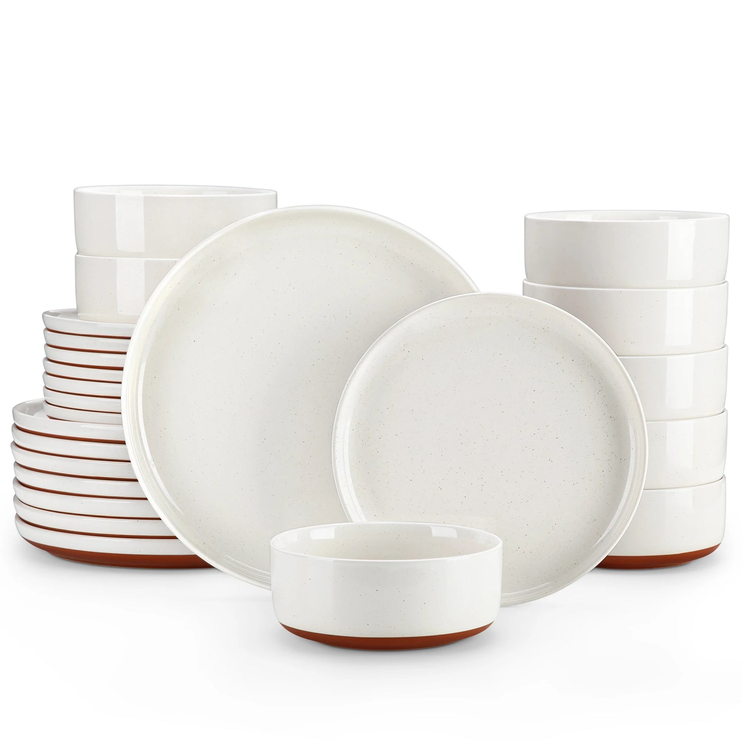 12/24-Piece Stoneware Dinnerware Set – Sesame Glaze Plates with Curved Edges, Includes Dinner Plates, Dessert Plates & Bowls (4 or 6 Settings)