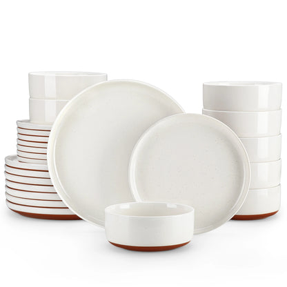 12/24-Piece Stoneware Dinnerware Set – Sesame Glaze Plates with Curved Edges, Includes Dinner Plates, Dessert Plates & Bowls (4 or 6 Settings)