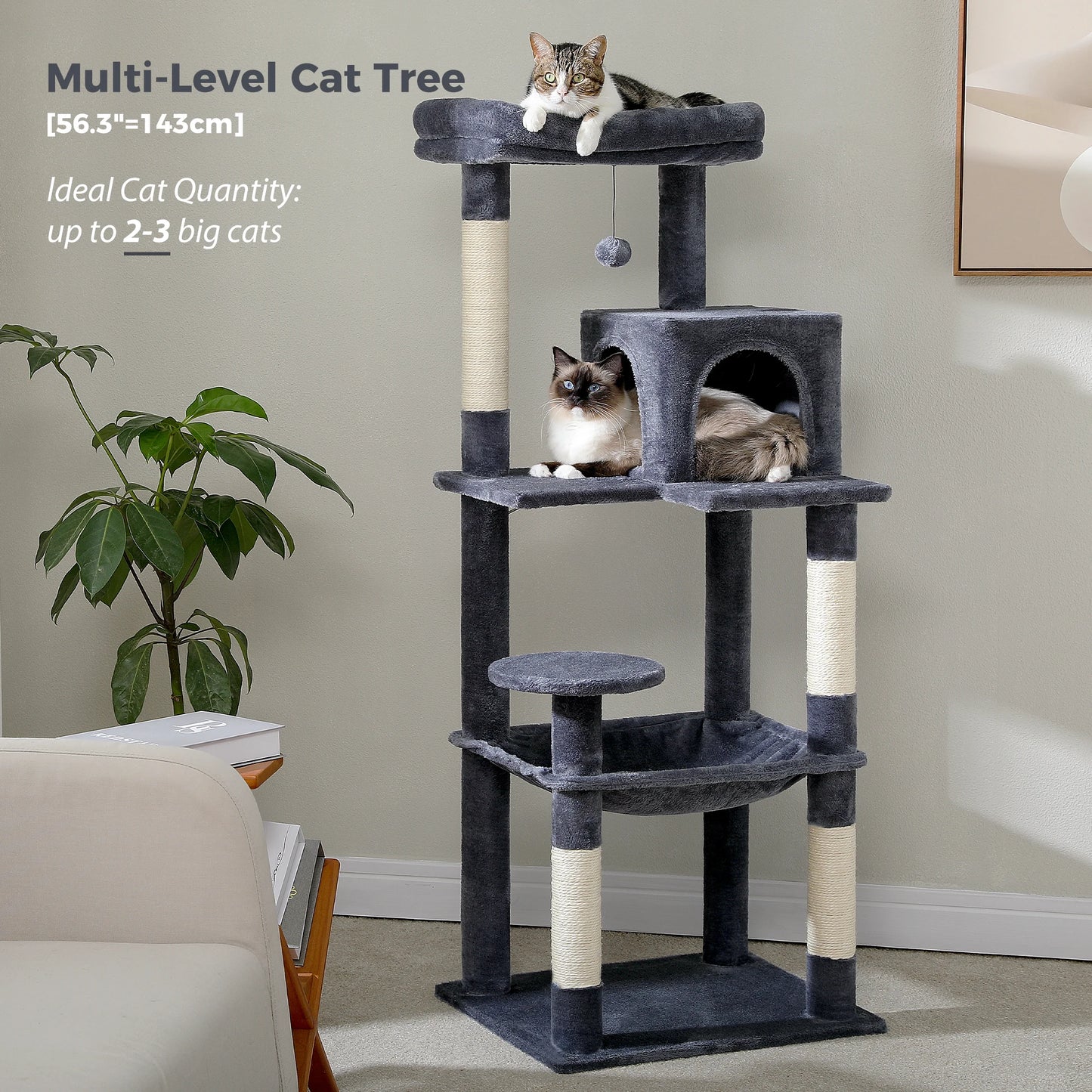 Multi-Level Indoor Cat Tree – Large Cat Tower with Sisal Scratching Posts, Spacious Condo, Toys & Scratcher – Available in 6 Colors