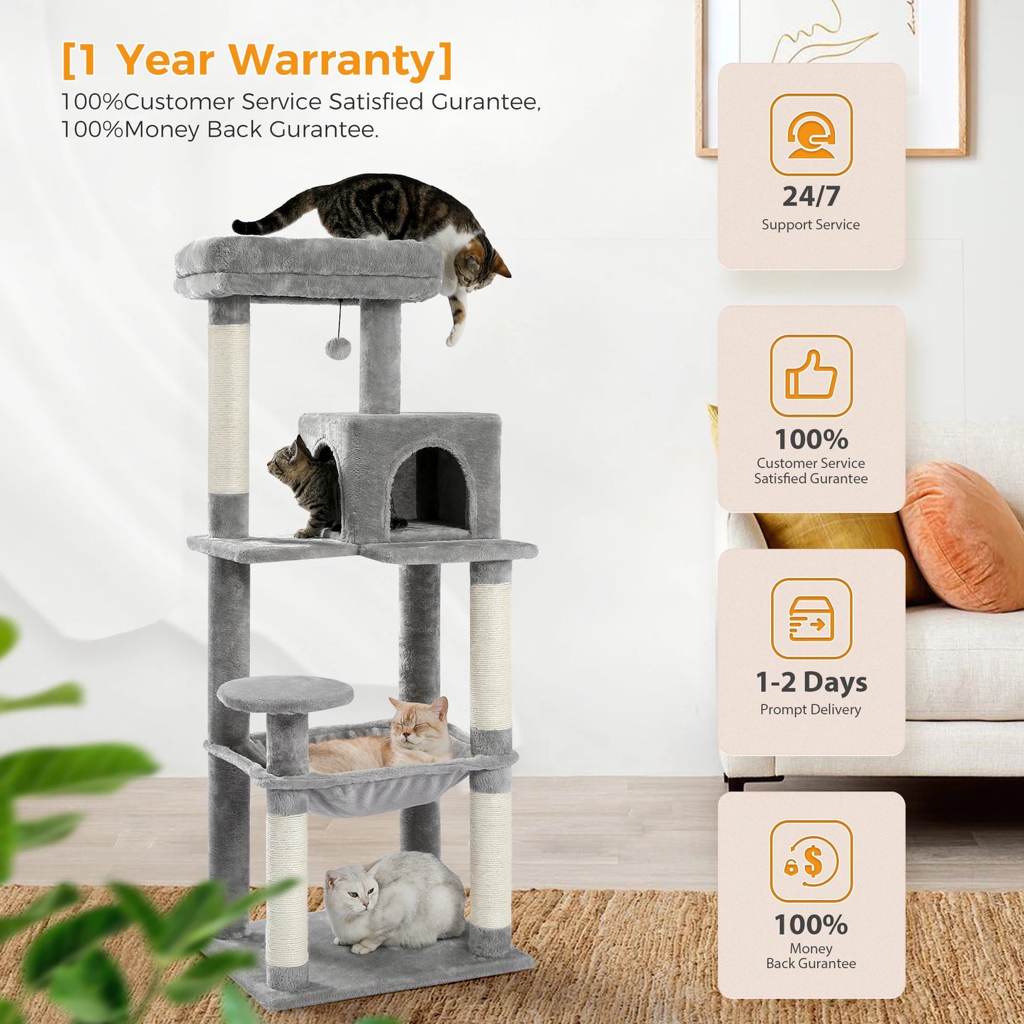 Multi-Level Indoor Cat Tree – Large Cat Tower with Sisal Scratching Posts, Spacious Condo, Toys & Scratcher – Available in 6 Colors