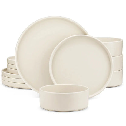 12/24/36-Piece Cream White Stoneware Dinnerware Set – Includes Dinner Plates, Dessert Plates & Bowls for 4/8/12 People