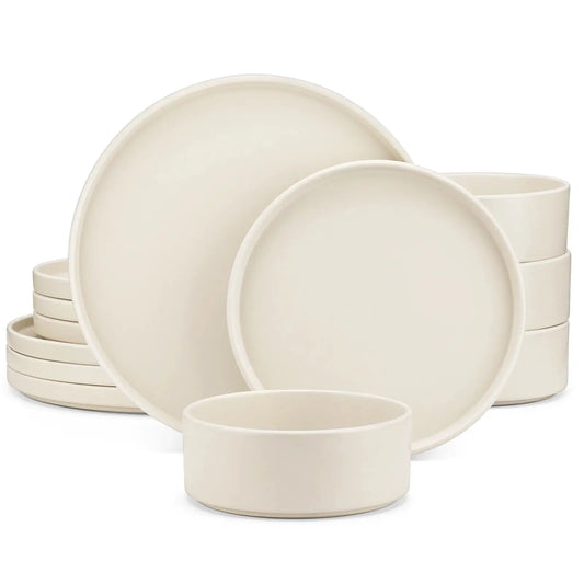 12/24/36-Piece Cream White Stoneware Dinnerware Set – Includes Dinner Plates, Dessert Plates & Bowls for 4/8/12 People