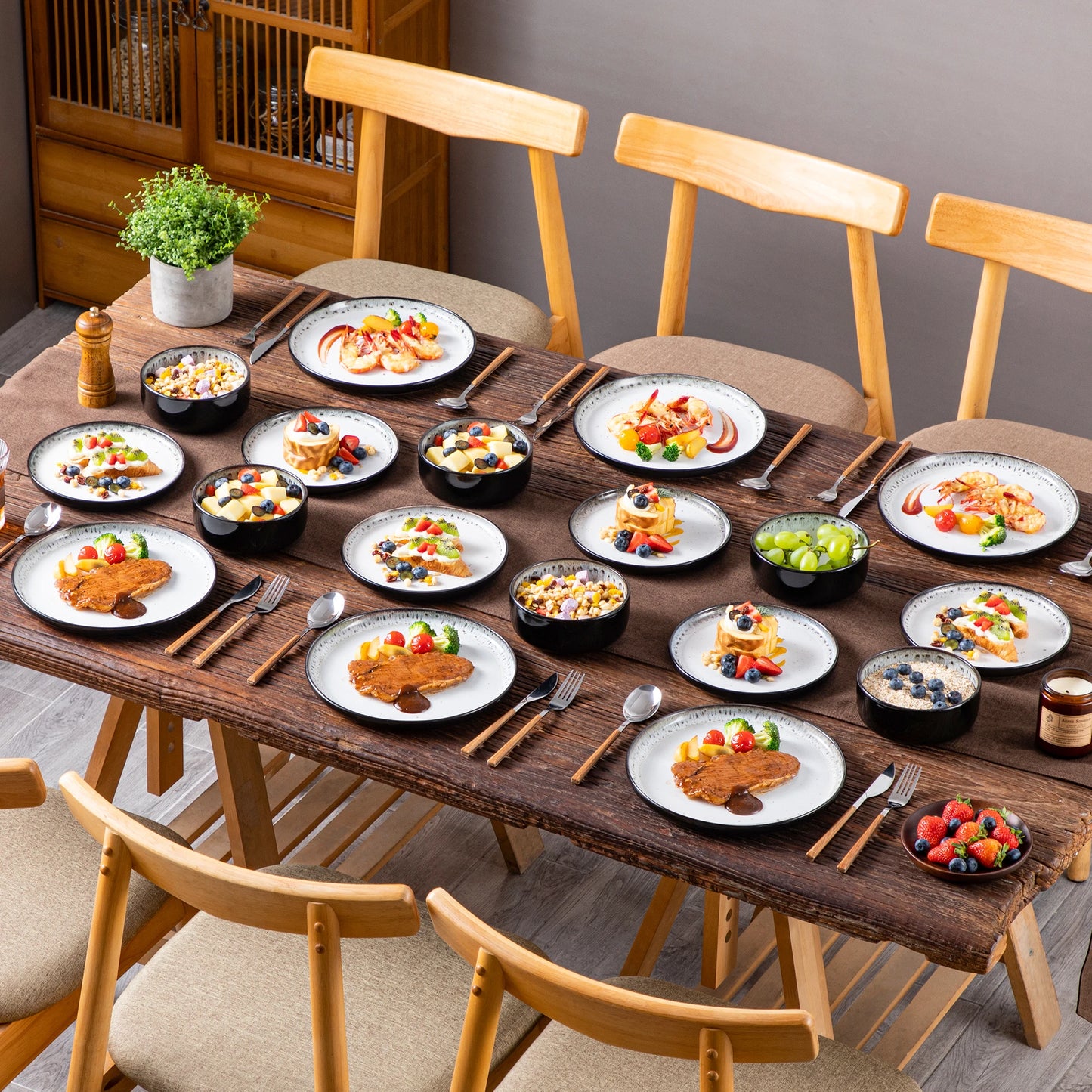 18/36-Piece Black & White Mediterranean Ceramic Dinnerware Set – Includes Dinner Plates, Dessert Plates, Bowls & Soup Plates