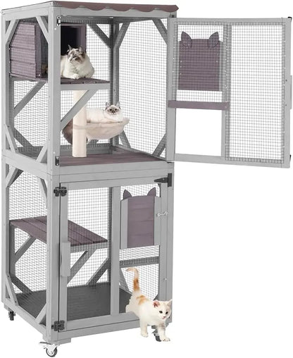 4-Tier Rolling Outdoor Catio – Large Waterproof Cat Enclosure with Roof for Indoor/Outdoor Use