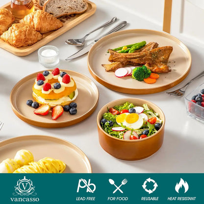 24-Piece Ceramic Dinnerware Set – Service for 8 | Reactive Glaze Plates & Bowls – Brown