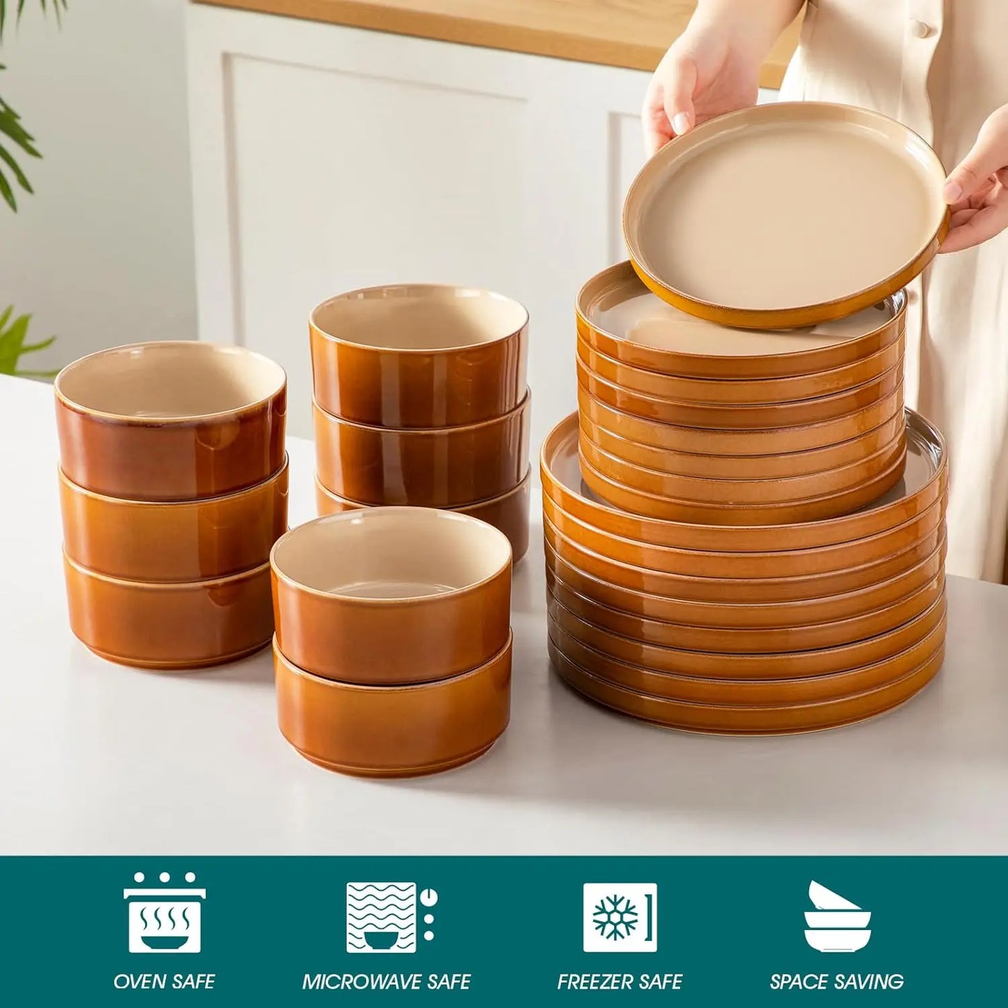 24-Piece Ceramic Dinnerware Set – Service for 8 | Reactive Glaze Plates & Bowls – Brown