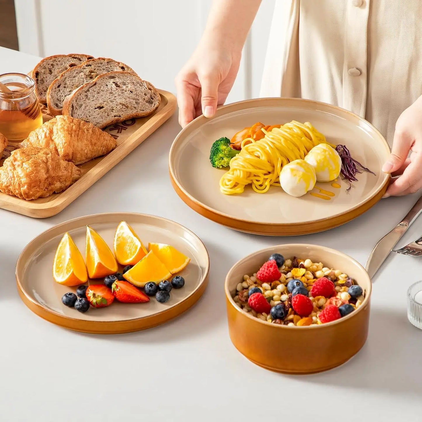 24-Piece Ceramic Dinnerware Set – Service for 8 | Reactive Glaze Plates & Bowls – Brown