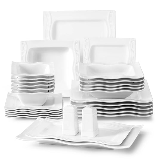 28-Piece Square Dinnerware Set – Ivory White Porcelain Plates & Bowls with Salt & Pepper Shakers