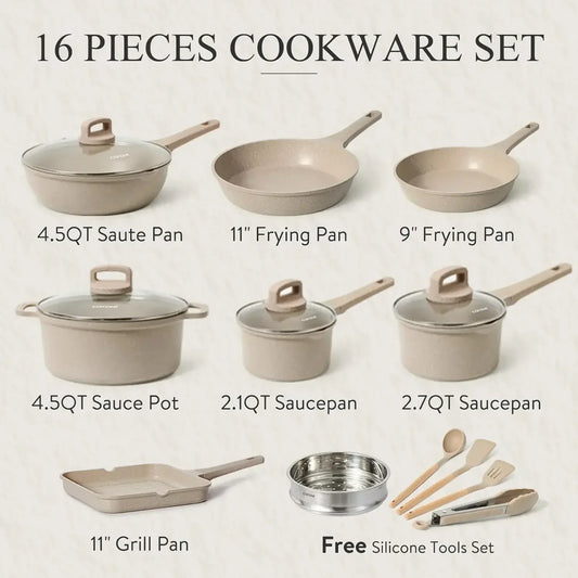 Nonstick 16-Piece Cookware Set – Stackable Pots and Pans for Induction & All Stovetops
