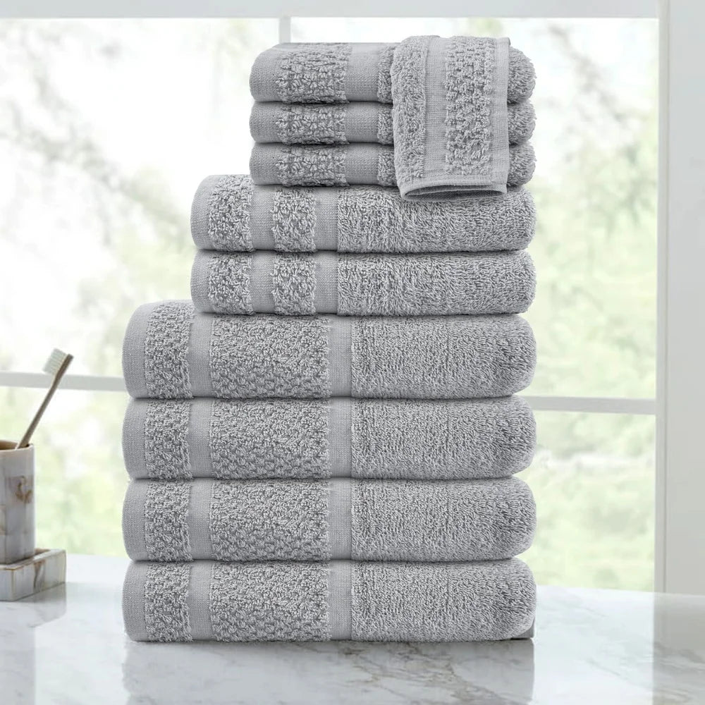 10 Piece Cotton Towel Set Soft Absorbent Bath Towels Quick Dry Durable Washcloths Hand Towels Popcorn Textured Border Machine