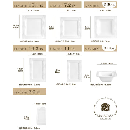 28-Piece Square Dinnerware Set – Ivory White Porcelain Plates & Bowls with Salt & Pepper Shakers