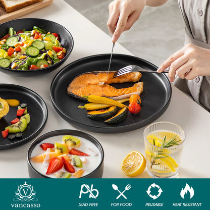 24/48-Piece Black Ceramic Dinnerware Set – Elegant Stoneware Plates and Bowls with 6/12 Dinner Plates, Dessert Plates, Bowls & Soup Plates