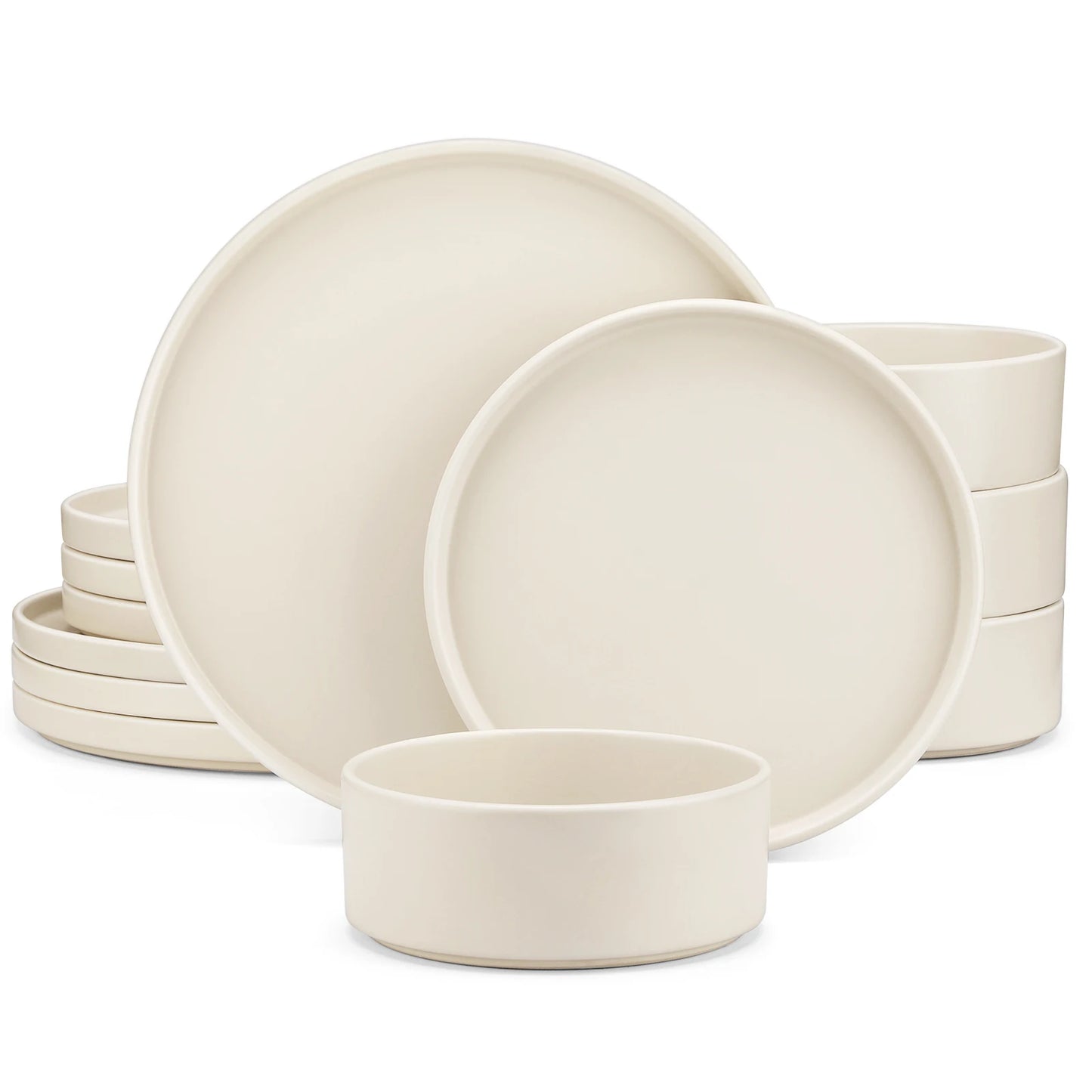 12/24/36-Piece Cream White Stoneware Dinnerware Set – Includes Dinner Plates, Dessert Plates & Bowls for 4/8/12 People