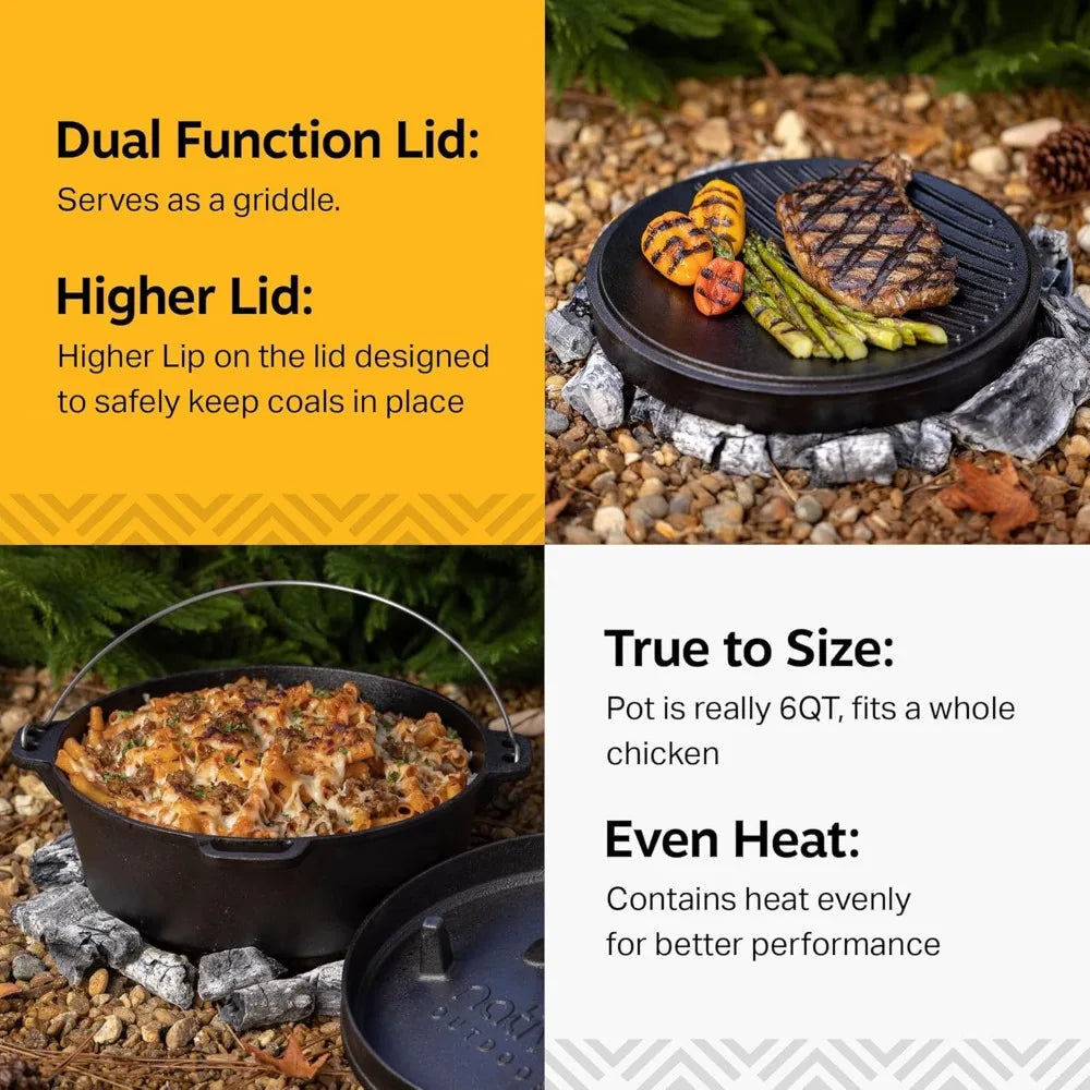 6QT Pre-Seasoned Cast Iron Dutch Oven – Outdoor Cooking Pot with Versatile Lid, Perfect for Camping & Campfire Use