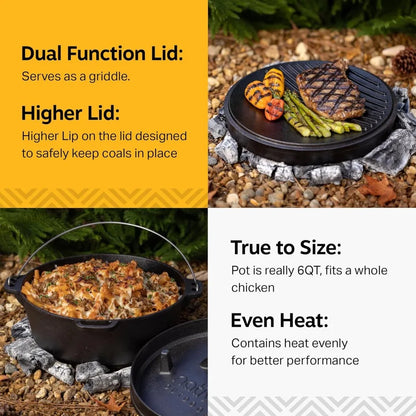 6QT Pre-Seasoned Cast Iron Dutch Oven – Outdoor Cooking Pot with Versatile Lid, Perfect for Camping & Campfire Use
