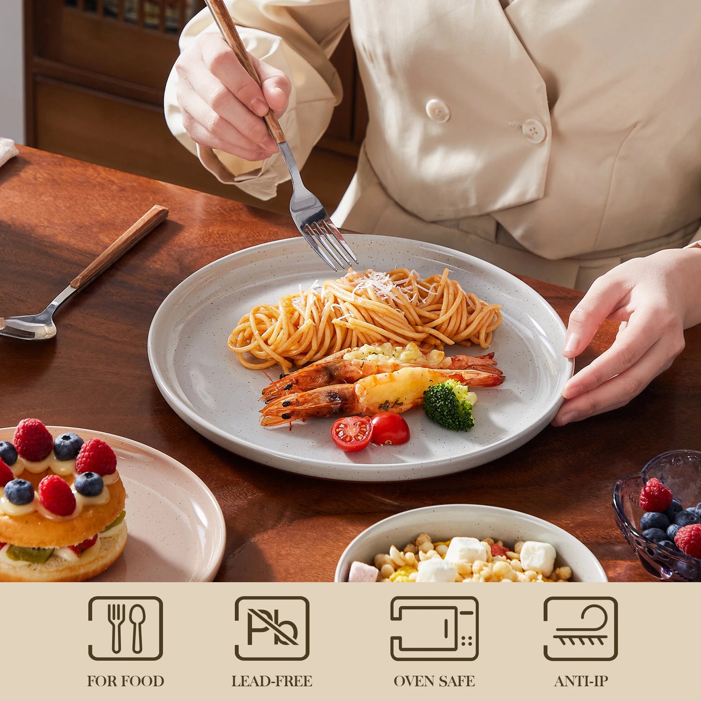 12/24-Piece Stoneware Dinnerware Set – Sesame Glaze Plates with Curved Edges, Includes Dinner Plates, Dessert Plates & Bowls (4 or 6 Settings)