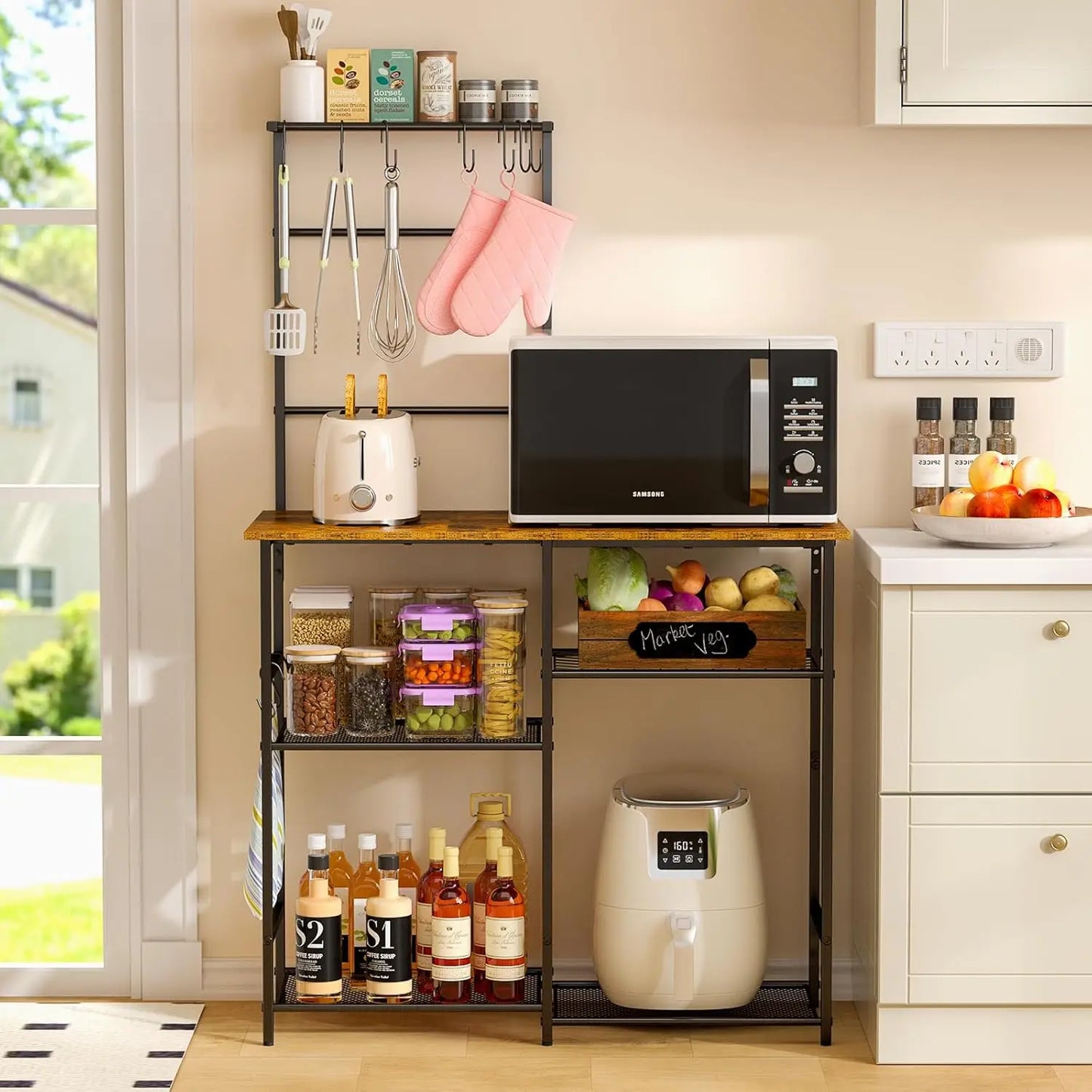 VersaRack™ 6-Tier Kitchen Organizer – Adjustable Baker’s Rack with Hooks & Microwave Shelf
