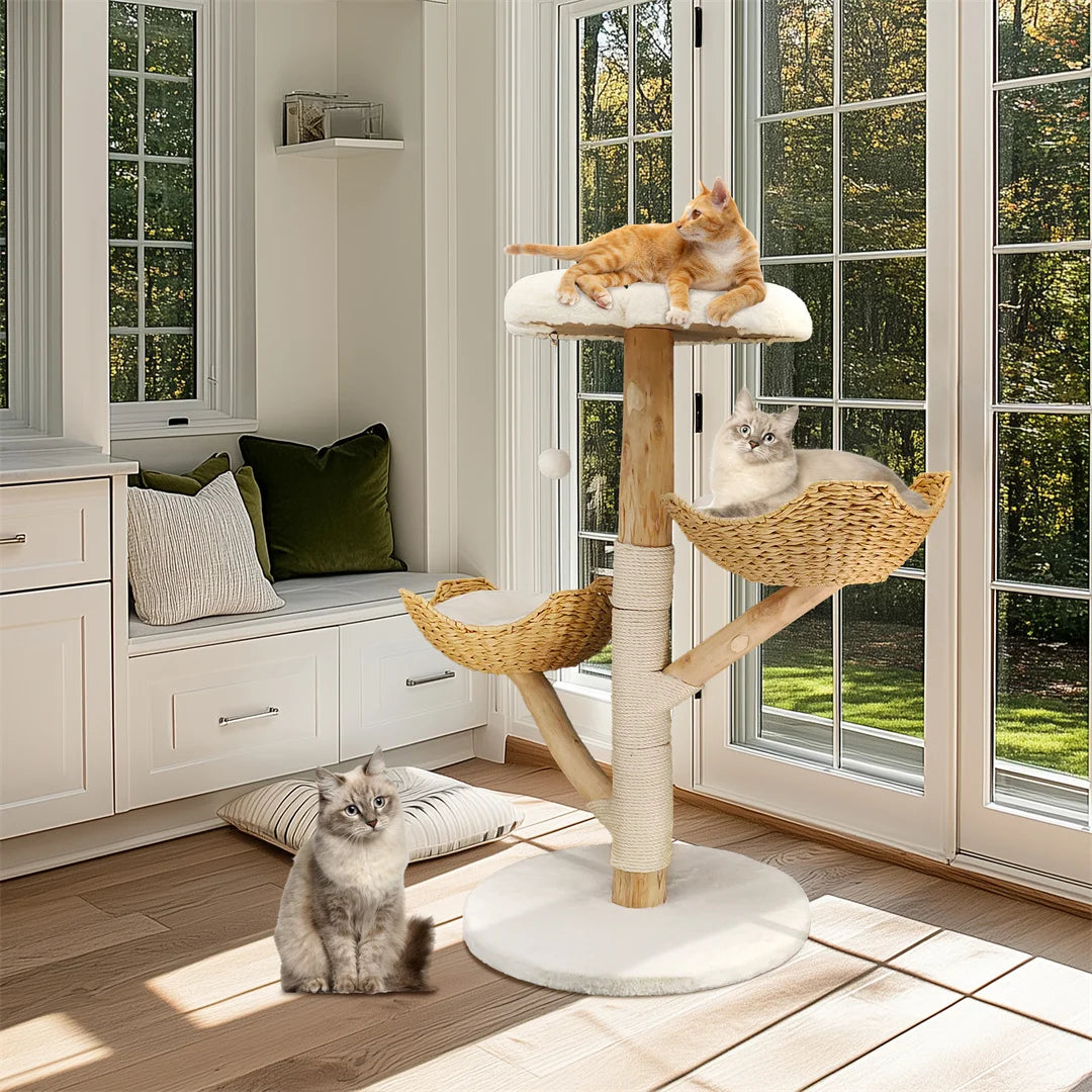 110cm Modern Solid Wood Cat Tree – Climbing Tower & Activity Center with Scratching Post for Kittens and Cats