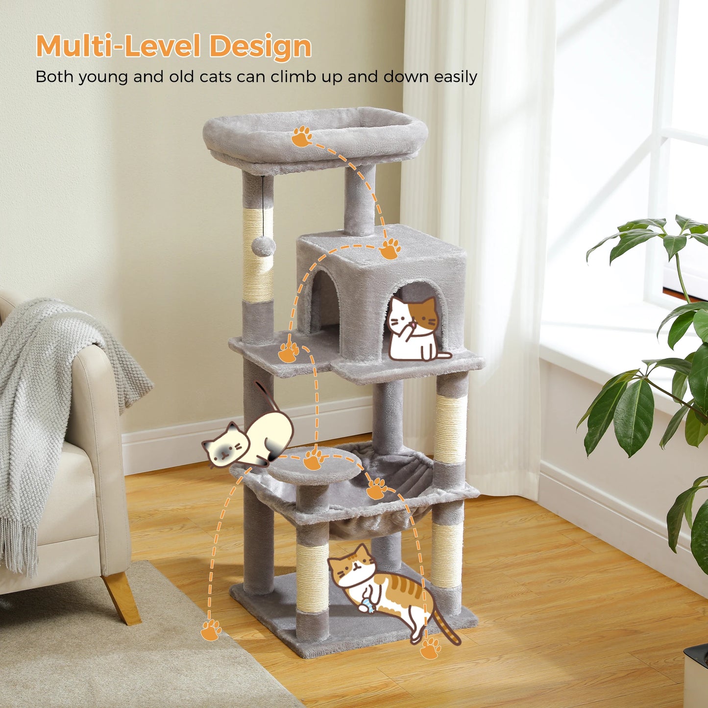 Multi-Level Indoor Cat Tree – Large Cat Tower with Sisal Scratching Posts, Spacious Condo, Toys & Scratcher – Available in 6 Colors
