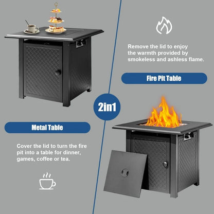28-Inch Outdoor Propane Fire Pit Table – 50,000 BTU Steel Gas Firepit with Lid & Lava Rocks – CSA Certified Patio Heater for Backyard, Deck, or Garden