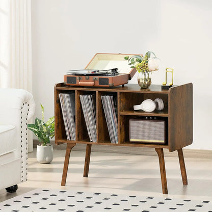 Record Player Stand with 4 Cabinet Holds Up to 220 Albums, Large Turntable Stand with Beech Wood Legs
