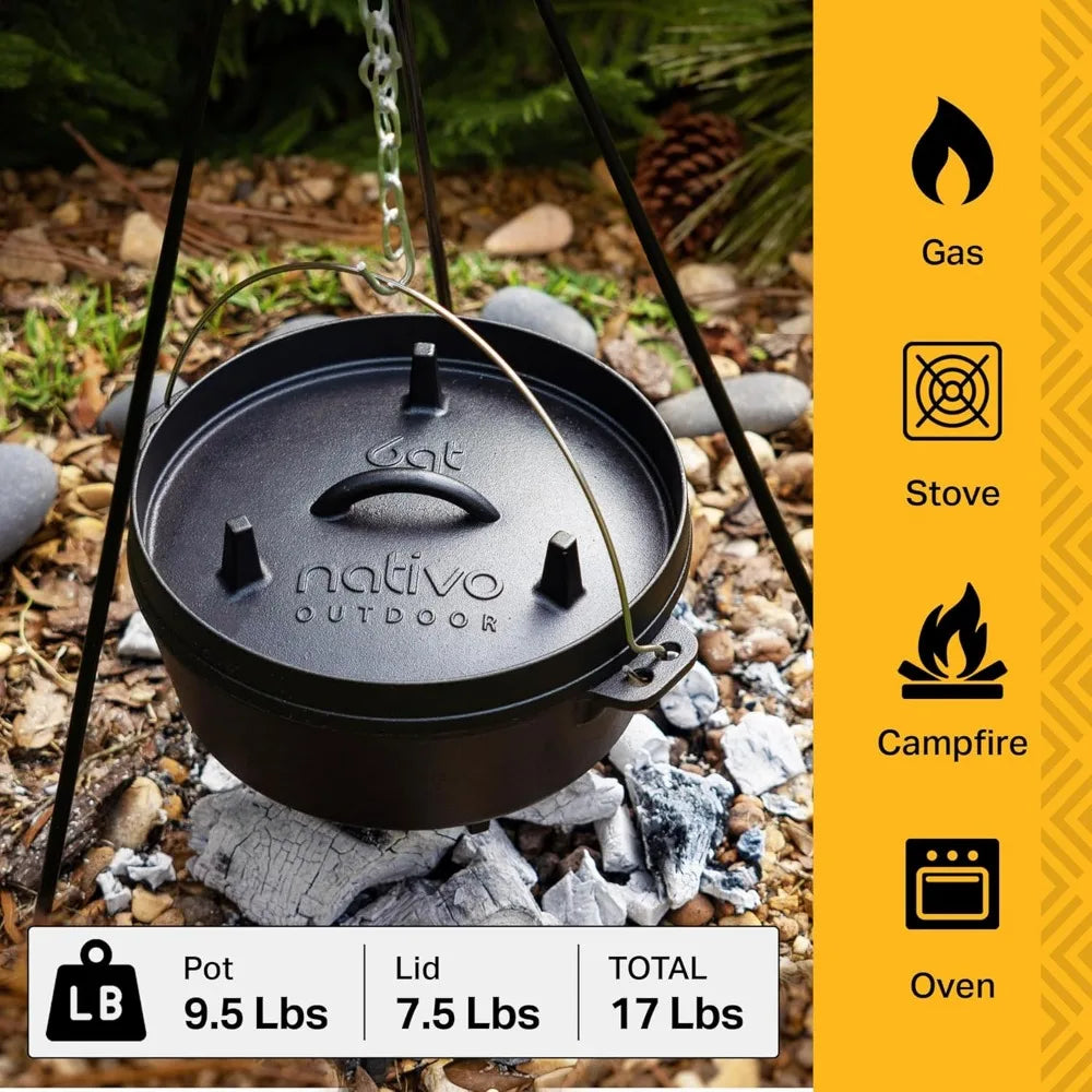6QT Pre-Seasoned Cast Iron Dutch Oven – Outdoor Cooking Pot with Versatile Lid, Perfect for Camping & Campfire Use