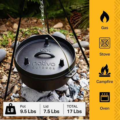 6QT Pre-Seasoned Cast Iron Dutch Oven – Outdoor Cooking Pot with Versatile Lid, Perfect for Camping & Campfire Use