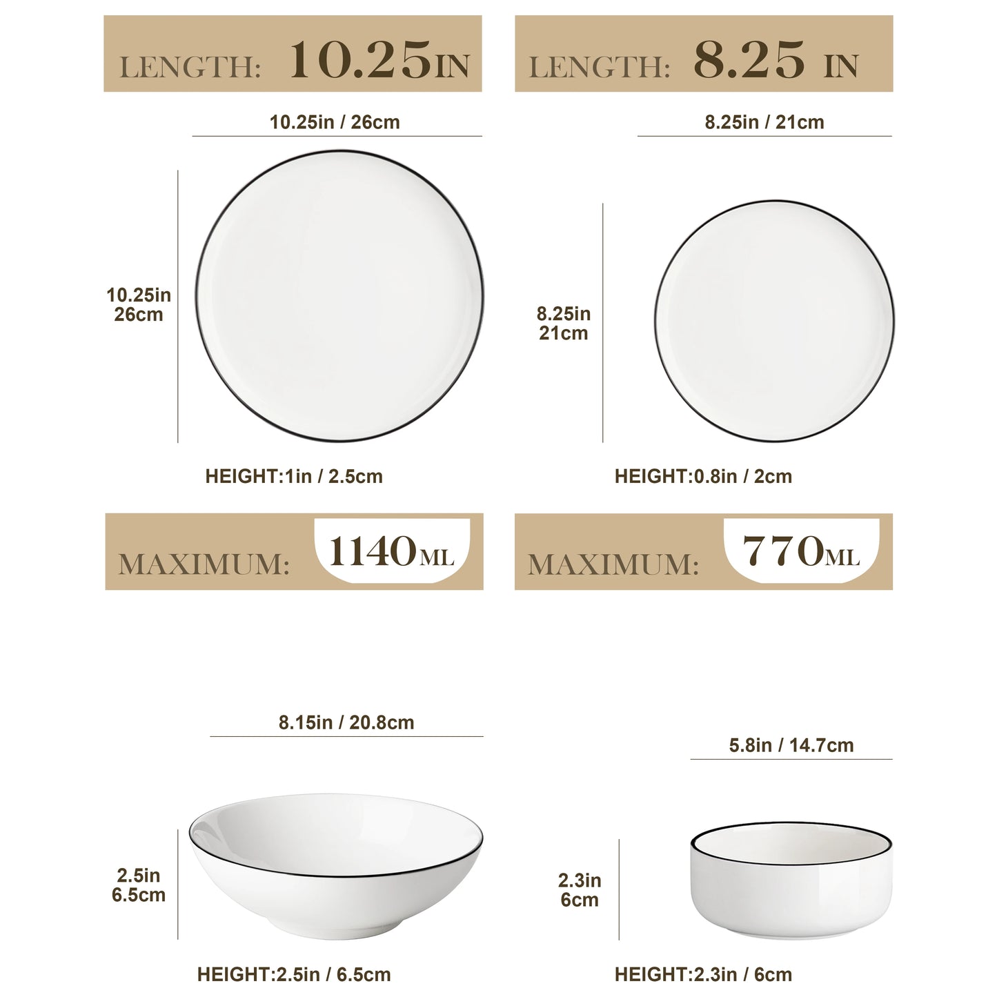24 Piece Porcelain Dinnerware Set Ivory White Square Dinner Service for 6 Includes Dinner Plates, Soup Plates, Dessert Plates & Bowls FDA Certified, Microwave & Dishwasher Safe