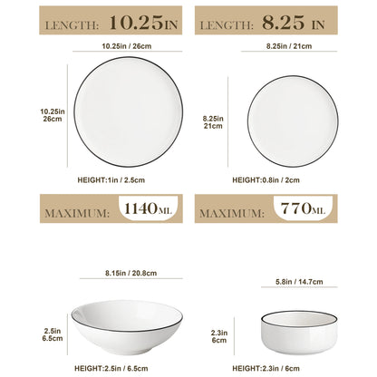 24 Piece Porcelain Dinnerware Set Ivory White Square Dinner Service for 6 Includes Dinner Plates, Soup Plates, Dessert Plates & Bowls FDA Certified, Microwave & Dishwasher Safe