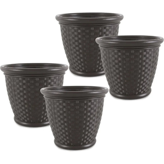 4-Pack 18-Inch Decorative Plastic Wicker Garden Planter Pots – Ideal for Flowers & Plants in Backyard, Patio, or Outdoor Spaces