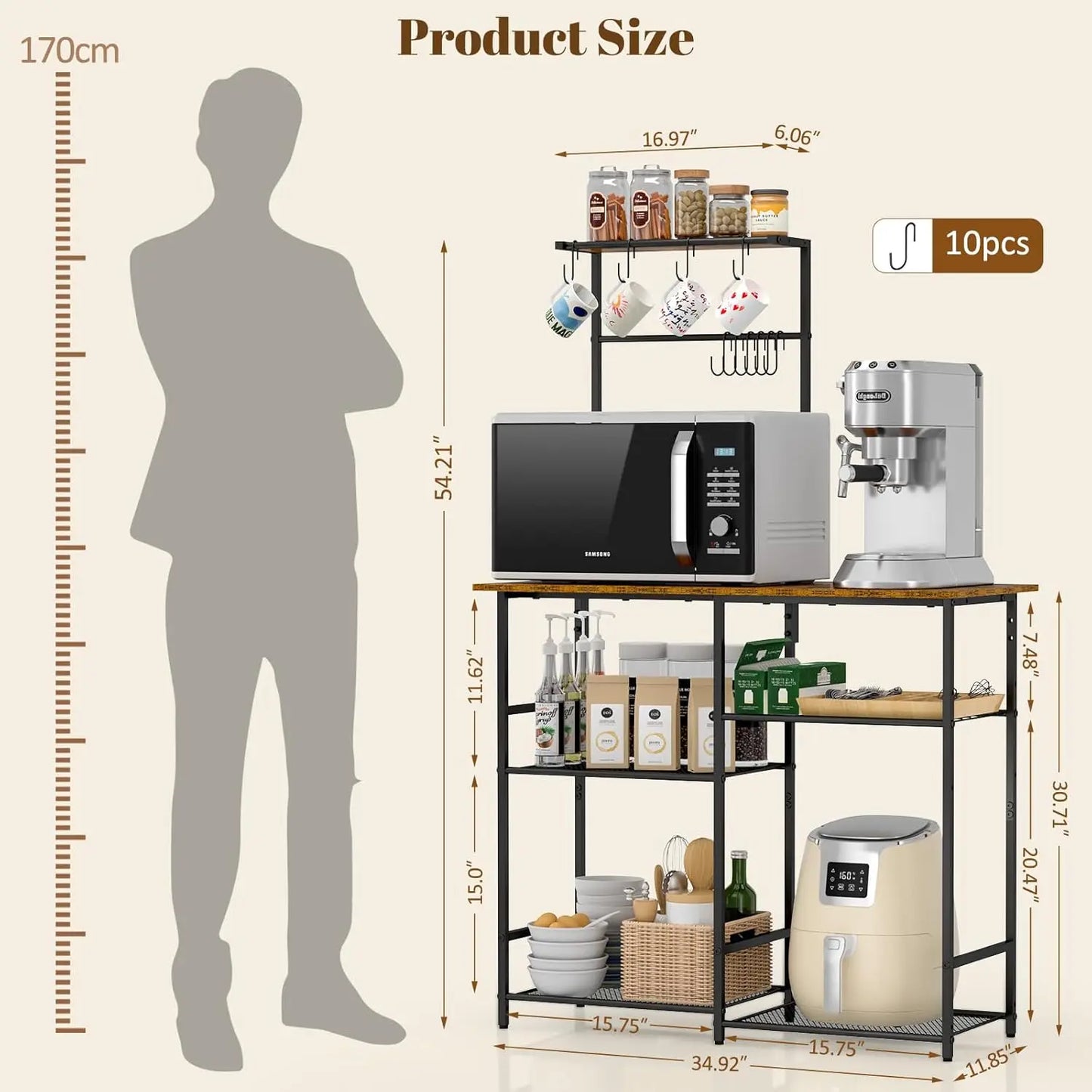 VersaRack™ 6-Tier Kitchen Organizer – Adjustable Baker’s Rack with Hooks & Microwave Shelf