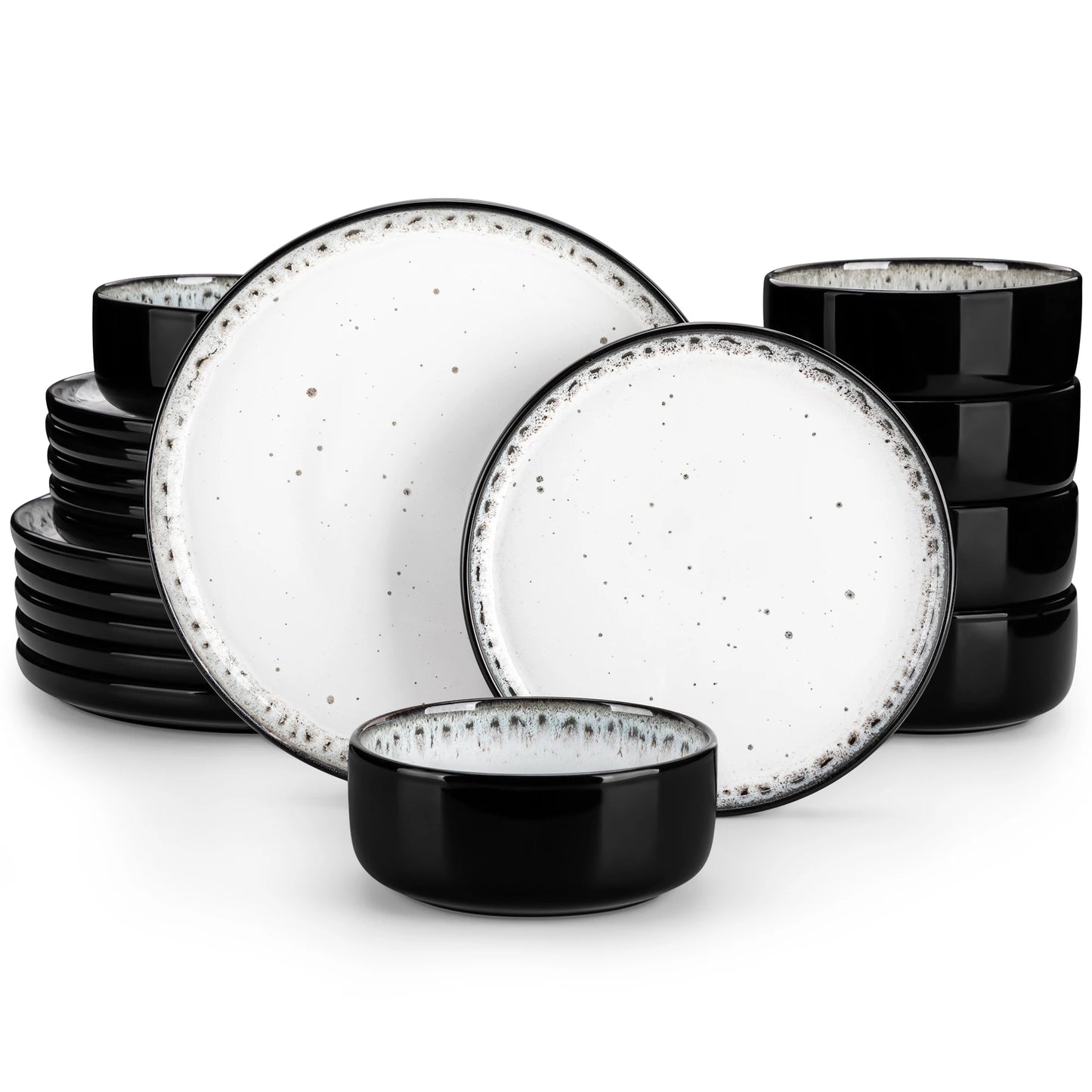 18/36-Piece Black & White Mediterranean Ceramic Dinnerware Set – Includes Dinner Plates, Dessert Plates, Bowls & Soup Plates