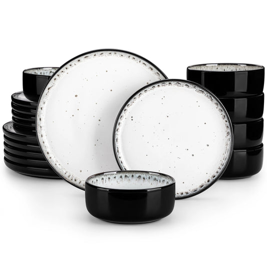 18/36-Piece Black & White Mediterranean Ceramic Dinnerware Set – Includes Dinner Plates, Dessert Plates, Bowls & Soup Plates