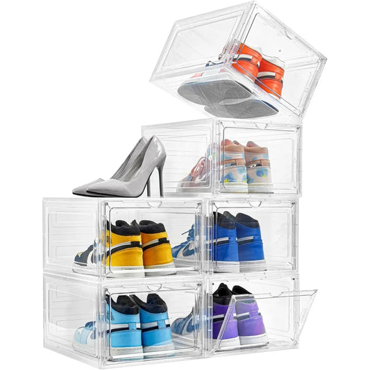 Stackable Plastic Shoe Box Set – 6 Clear Door Shoe Storage Containers for Sneaker Display