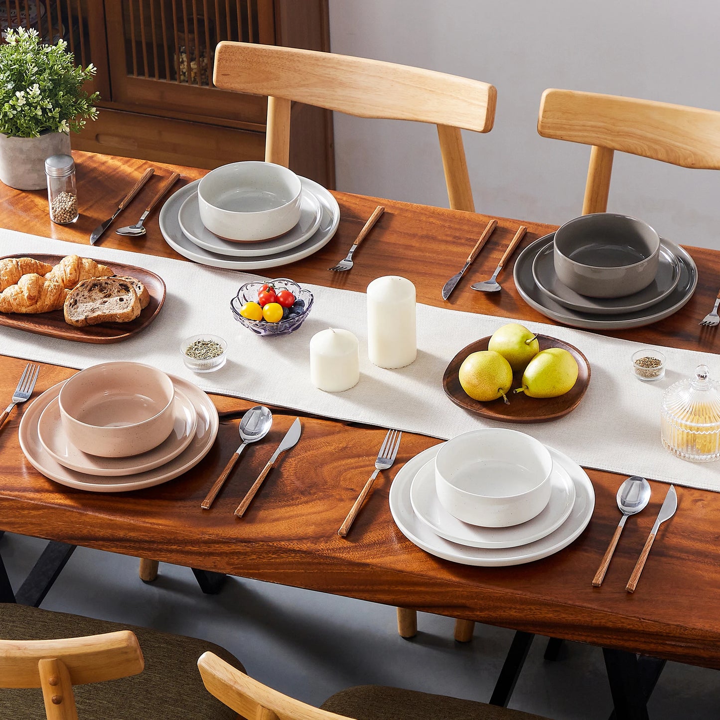 12/24-Piece Stoneware Dinnerware Set – Sesame Glaze Plates with Curved Edges, Includes Dinner Plates, Dessert Plates & Bowls (4 or 6 Settings)