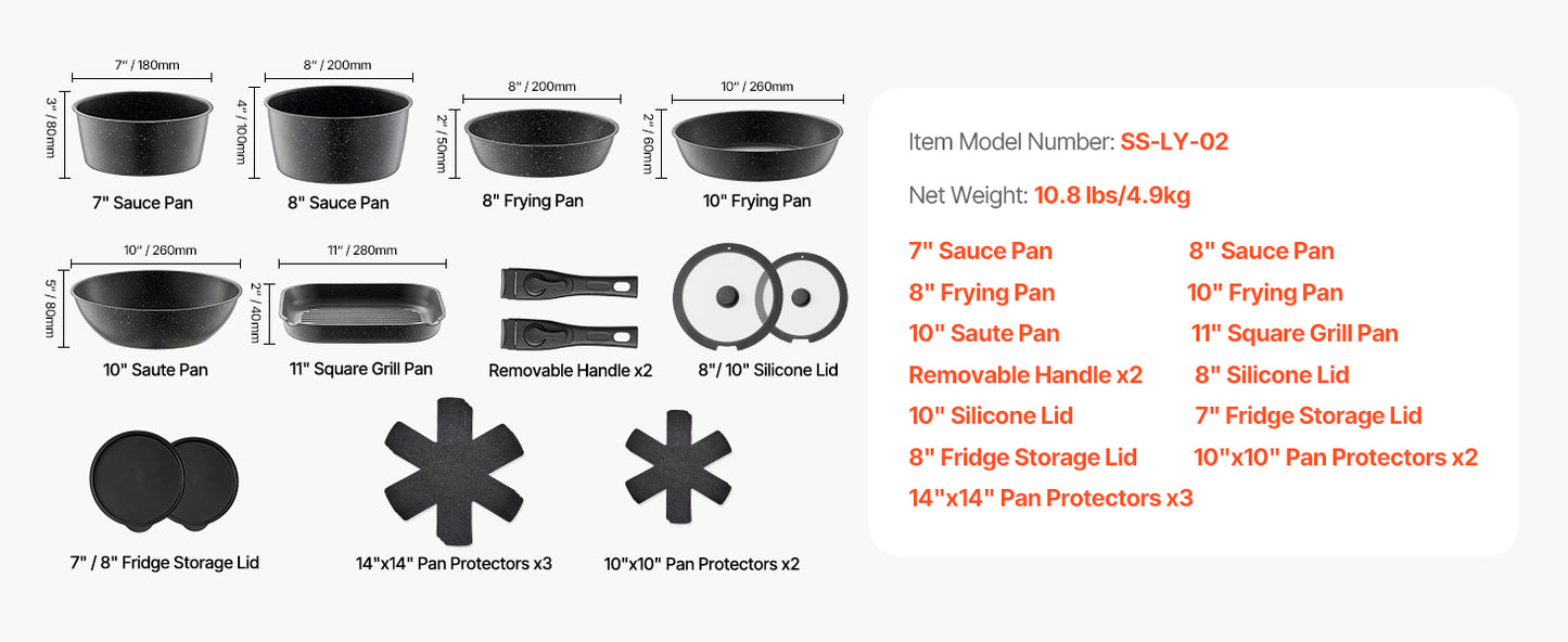 17-Piece Granite Nonstick Cookware Set – Induction-Compatible Pots & Pans with Frying, Sauce & Sauté Pans for Kitchen Cooking