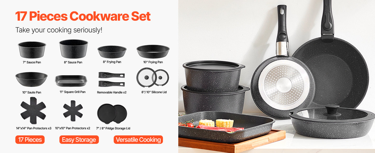 17-Piece Granite Nonstick Cookware Set – Induction-Compatible Pots & Pans with Frying, Sauce & Sauté Pans for Kitchen Cooking